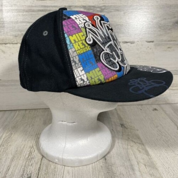 Disney Parks Mickey Mouse Fitted Hat Black Graffiti Hip Hop Stretch Cap Adult OS - Picture 2 of 6